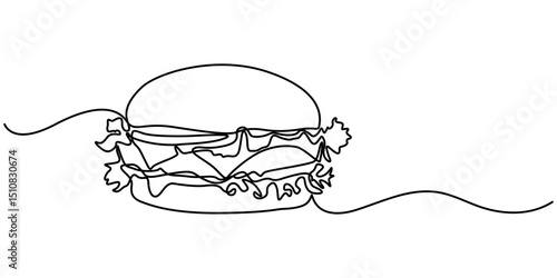 Continuous one line drawing of burger. Single line drawing of hamburger, Minimalist food concept isolated on white background.                                   