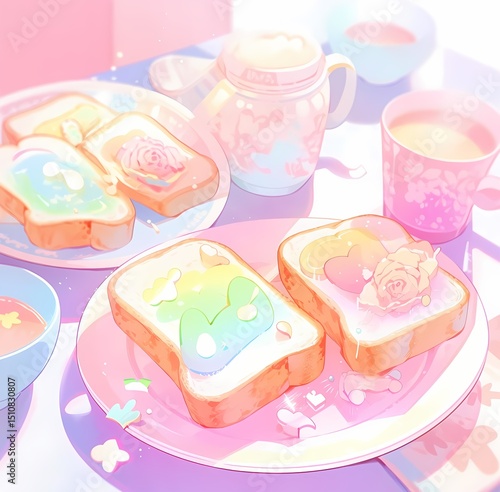 Anime still life, breakfast scene, toast with floral toppings, teacup, whimsical illustration.