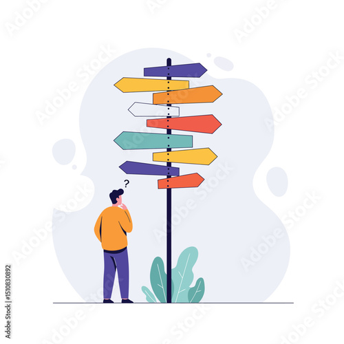 Confused Man Standing Near Signpost With Many Arrows Pointing in Different Directions Making Difficult Decisions in Life