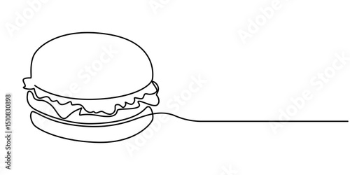 Continuous one line drawing of burger. Single line drawing of hamburger, Minimalist food concept isolated on white background.                                   