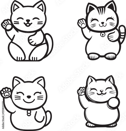 Maneki Neko Lucky Cat Line Art Set – Cute Japanese Waving Cat Illustrations for Good Fortune and Decor