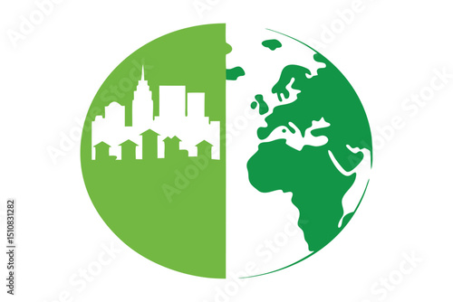 Environment vs Overpopulation Vector Art – Half Green Earth, Half Crowded City Concept.