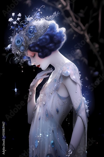 Woman with blue hair in gemstone adorned dress stands against dark background