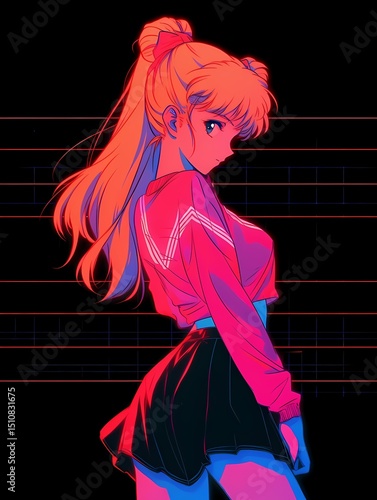 Anime woman portrait, blue eyes, blonde hair, dark background, pink top, red bow, confident expression, illustration