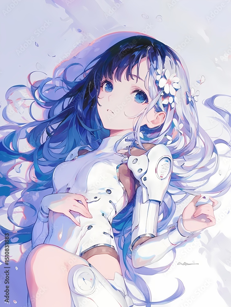 Anime illustration of a woman with blue eyes lying on her back under a nebulous sky. Anime illustration of a woman with blue eyes lying on her back under a nebulous sky.