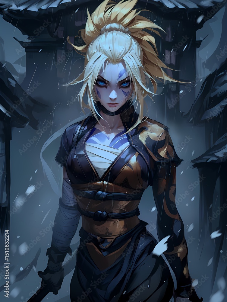 Obraz premium Resolute anime warrior, piercing blue eyes, dark navy blue and gold armor, intricate patterns.