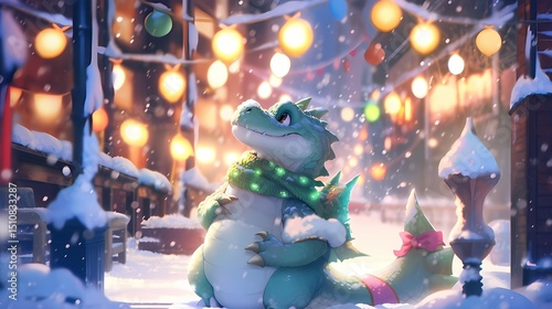 Cartoon crocodile with green scarf and bow standing in snowy city illustration.