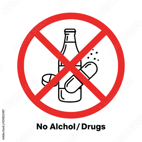 Prohibition sign forbidding alcohol and drugs with graphic symbols  