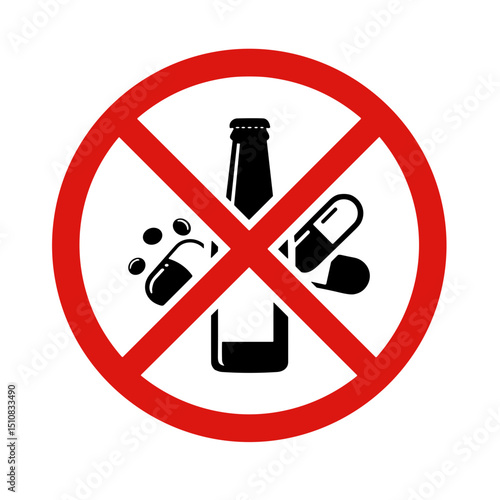 Prohibited symbols for alcohol and drugs in a red circle  