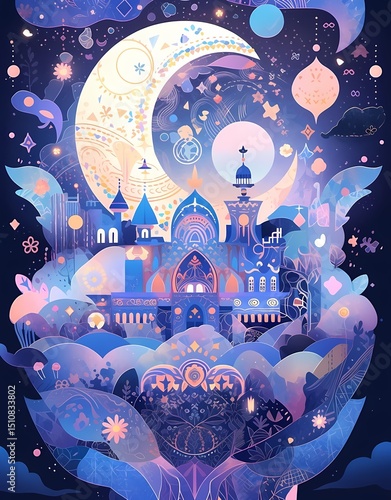 Whimsical scene with crescent moon, stars, village, lush greenery, flowers, plants, mushrooms, dreamy enchanting composition.