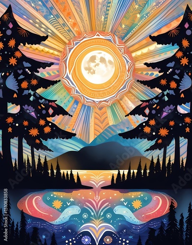 Vibrant anime night landscape illustration, sunset, crescent moon, stylized pine trees