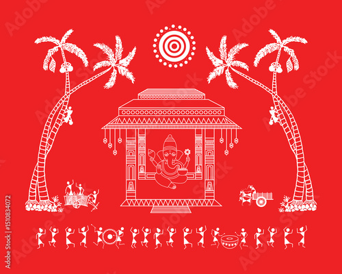 Warli Art: Ganpati Festival Celebration - Traditional Folk Art. Warli art, Ganpati festival, Indian tribal art, Ganesh Chaturthi