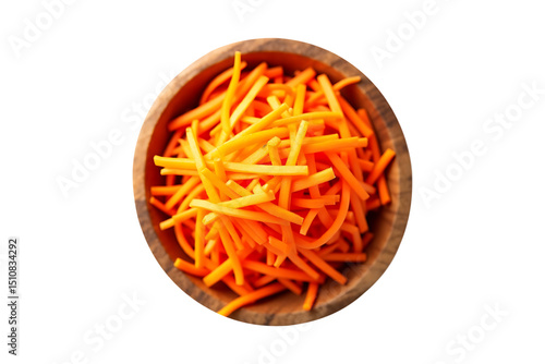 Grated carrots served on plate and in bowl on white background