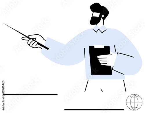 Man holding clipboard and using a pointer to explain concepts. Ideal for education, training, coaching, planning, leadership, communication, teamwork. Flat simple metaphor
