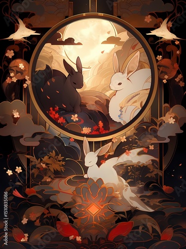 Serene night scene reflection in mirror with rabbits floral backdrop