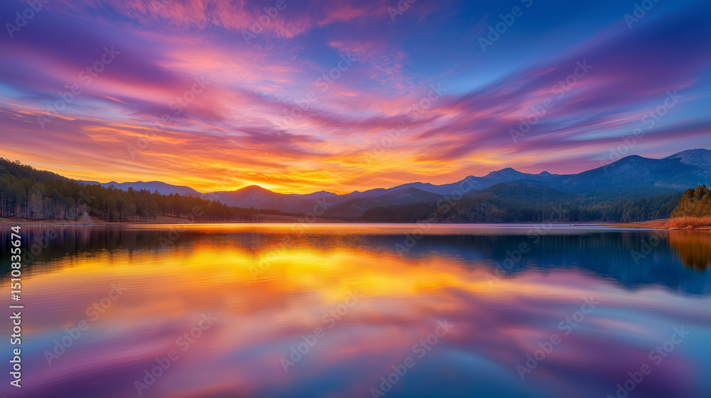 Fototapeta premium Serene mountain lake reflecting a vibrant sunset colors