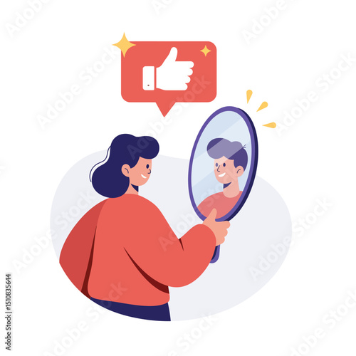 Woman looks in mirror with positive self image and social media like