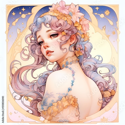 Anime girl, curly hair, flowers in hair, dress, choker, starry night sky, illustration