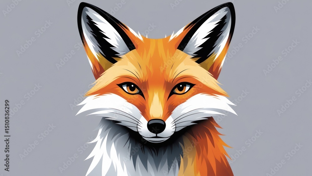 Naklejka premium Portret stylizowanego lisa z bliska. Pomarańczowo-czerwone futro, biało-szary spód, czarno-białe uszy. Intensywne, czujne oczy. Płaski, graficzny styl