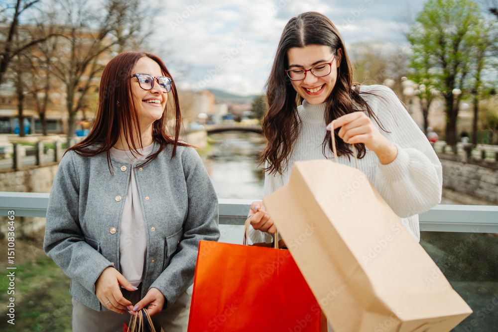 Two female friends or sisters going home after shopping with shopping bags
Two female friends or sisters going home after shopping with shopping bags