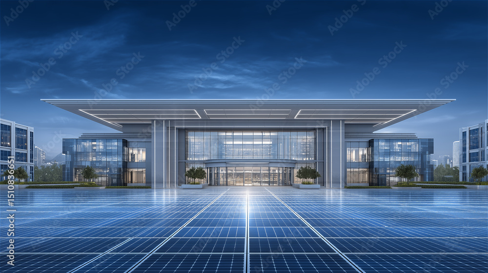 Obraz premium ソーラーパネルを備えた近代的な建物と青空の風景 generative ai