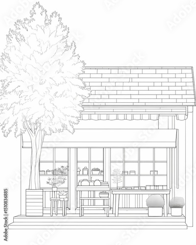 A quaint cheese shop facade features a tree, bench, and potted plants, adorned with decorative elements, inviting customers to sit and stay.