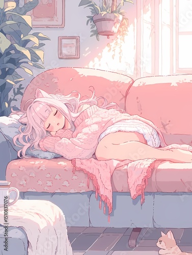 Young anime girl animal ears sleeping
