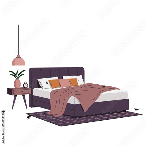 Bed Bugs Infestation in Bedroom Illustration with Bed and Nightstand