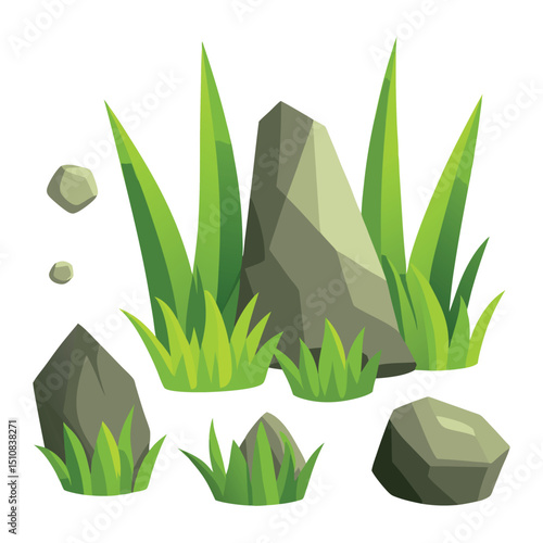 Cartoonish Rocks and Grass Patches Illustration Vector White Background 