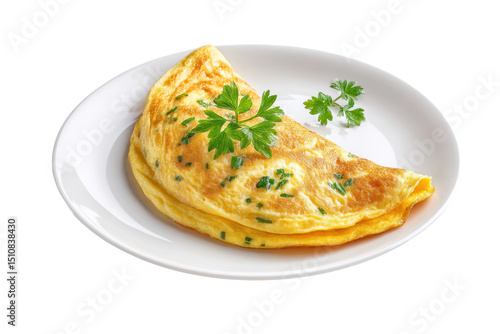 PNG Delicious cheese and herb omelet on white plate with parsley garnish