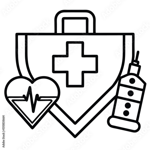 Red cross first aid kit icon: a medical emergency health care symbol