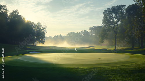 Sunlit Golf Course with Misty Morning Atmosphere