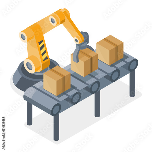 simple Isometric robotic arm operating on automated conveyor belt system handling cardboard boxes in modern industrial manufacturing process