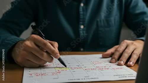 Person writing on a colorful calendar while seated at a wooden desk with a laptop nearby