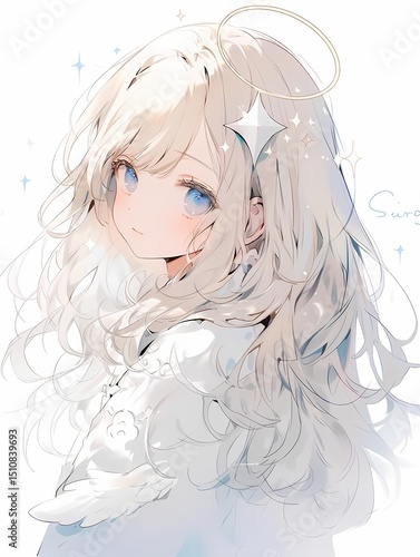 Serene angelic figure with blue eyes, sparkling stars background, fantasy anime art