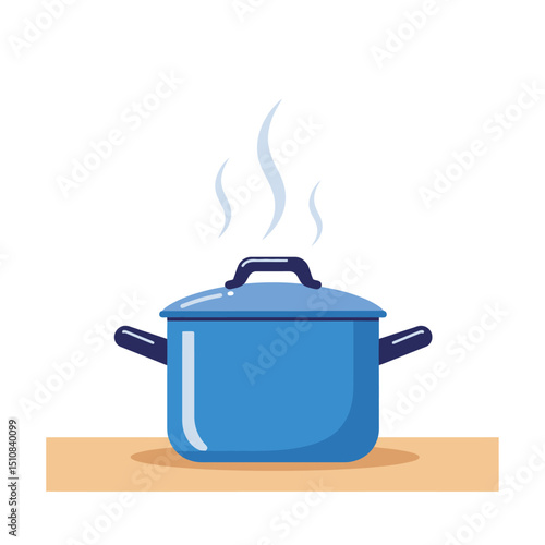 Blue cooking pot with lid and steam on a wooden surface illustration