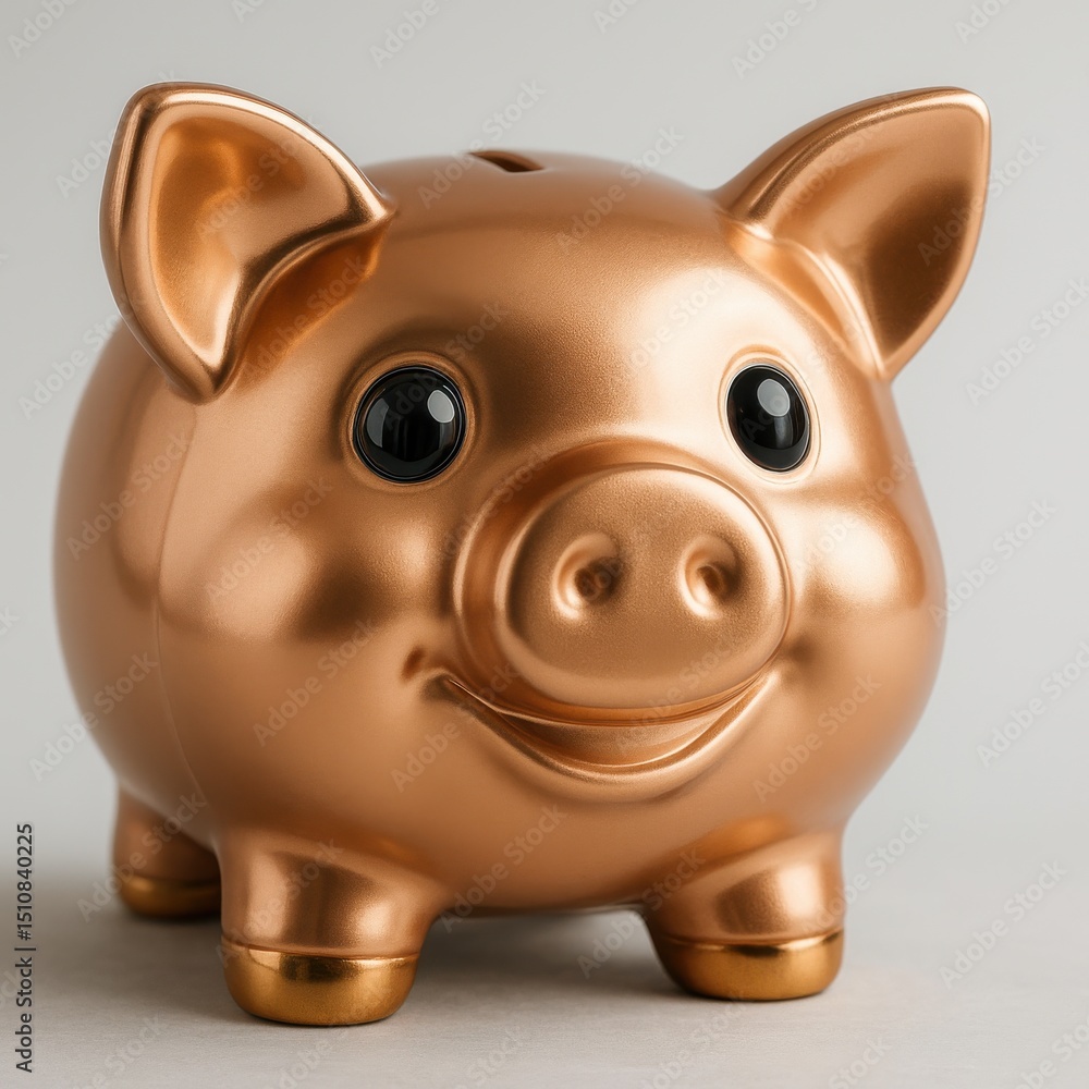 笑顔のブロンズ色の豚の貯金箱、白い背景に分離 笑顔のブロンズ色の豚の貯金箱、白い背景に分離
