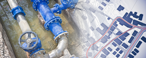 Construction site with new metal  hydraulic system of drinking water to be carried out under the road surface level and imaginary city map