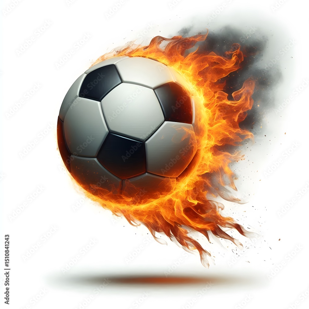 Naklejka premium A soccer ball flying with burning fire flame, isolated on white background