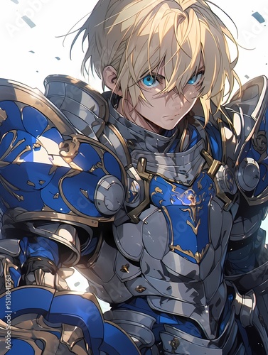 Worn blue and gold armored anime knight, blue eyes, serious expression, white background, history of battle.