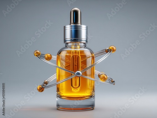 Elegant amber liquid in bottle with atom model surrounding it