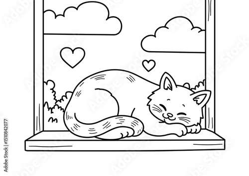 Sleeping cat on windowsill with heart shapes and clouds - A4 coloring page