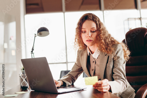 Confident Businesswoman Reviewing Notes in Modern Office Workspace with Formal Attire