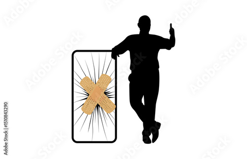 An adult male security guard leaning on a broken smartphone covered with an adhesive bandage vector