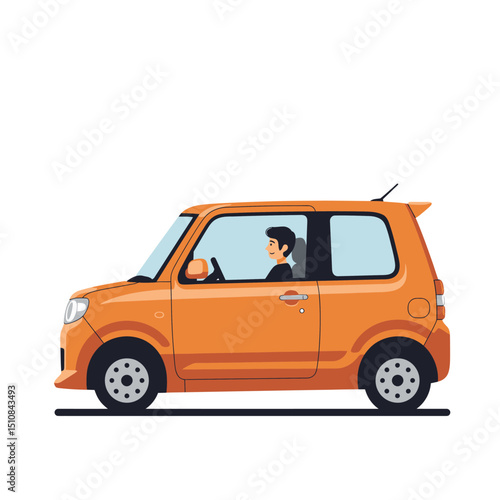 Orange Compact Car with Driver Illustration on White Background