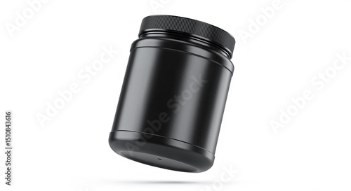 Black plastic jar floating on white background with grooved lid