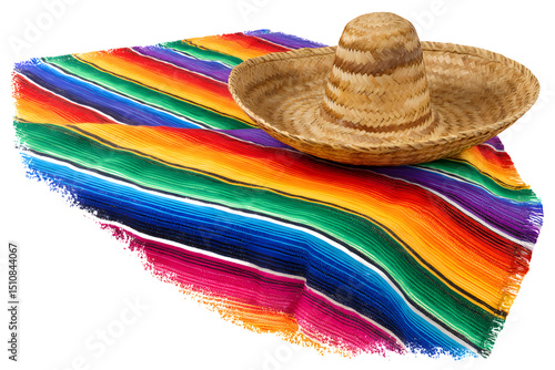 A traditional sombrero hat and a colorful woven blanket isolated on a transparent background, showcasing vibrant Mexican cultural elements
