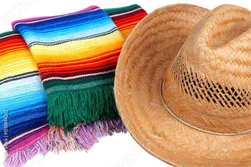 A traditional sombrero hat and a colorful woven blanket isolated on a transparent background, showcasing vibrant Mexican cultural elements
