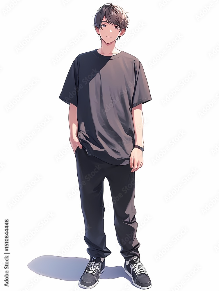 Naklejka premium Anime illustration of a young man standing confidently against a white background, dressed in a black outfit, with a relaxed demeanor and a stylish, youthful appearance.