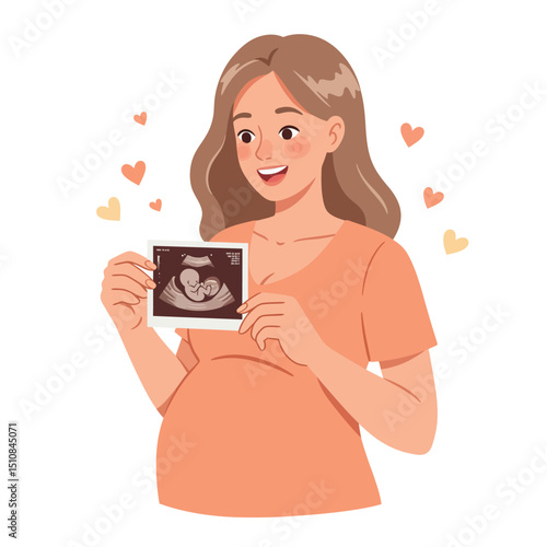 Happy Pregnant Woman Holding Ultrasound Scan of Baby with Hearts